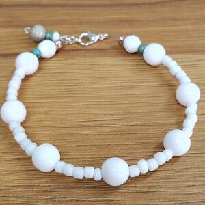 Elegant White and Blue Beaded Bracelet,  Ladies White Beaded Bracelet,  Handmade